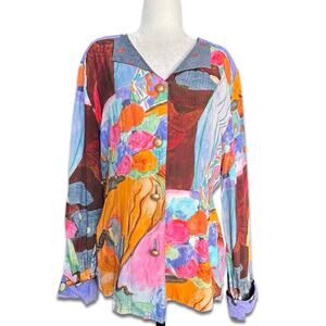 Vintage Carole Little Abstract Art Blouse Rayon Crepe Button Front Top Eclectic